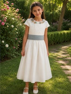 Girl Formal  Ivory Floral Lace Flower Trim Dress